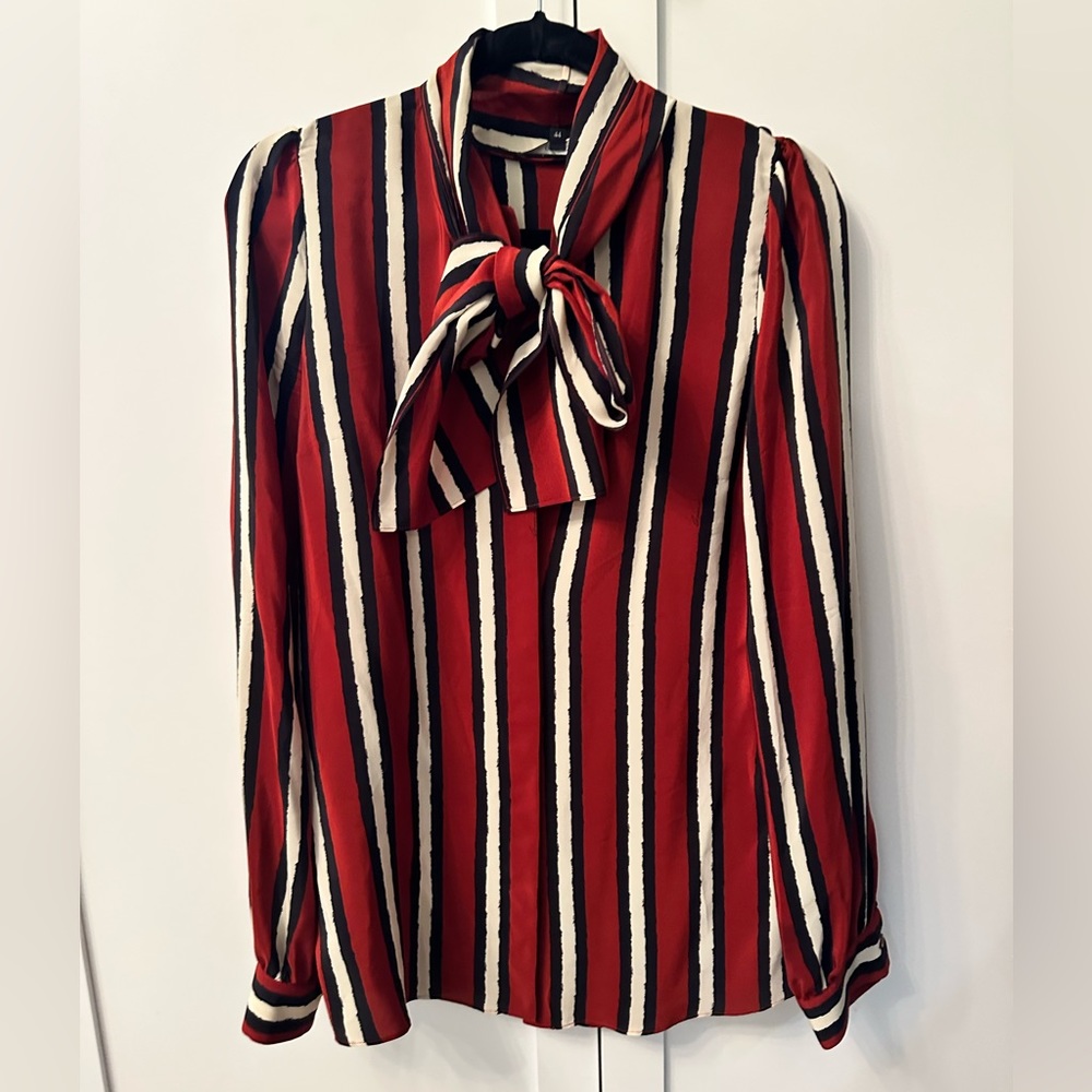 GUCCI 100% SILK STRIPED BLOUSE 44 red black and cream